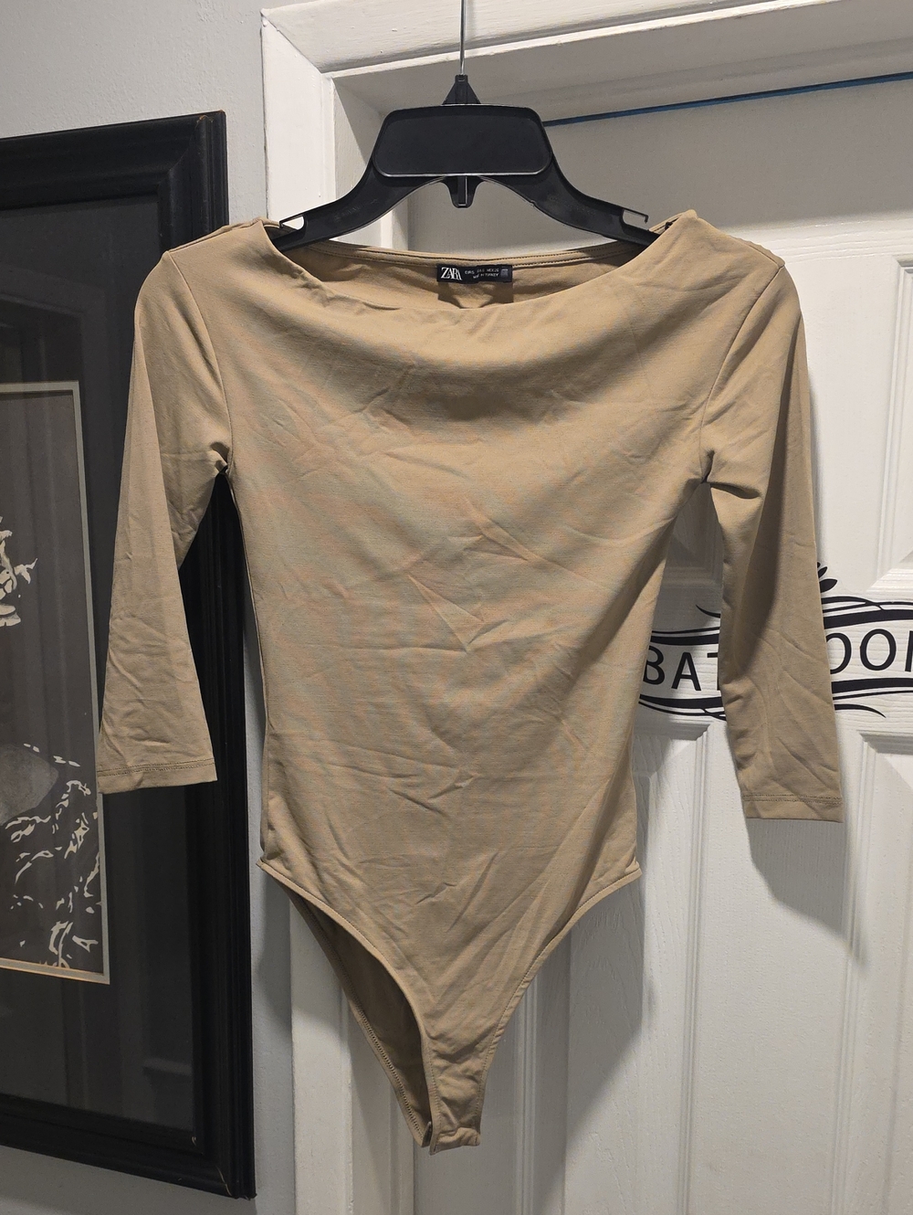 Zara Tan Long Sleeve Boatneck Bodysuit